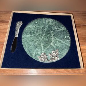 Vintage Seagull Pewter green marble cheese board and knife set